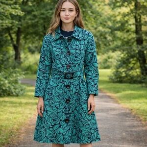 Guess | Floral Teal Black Abstract Button Trench Coat